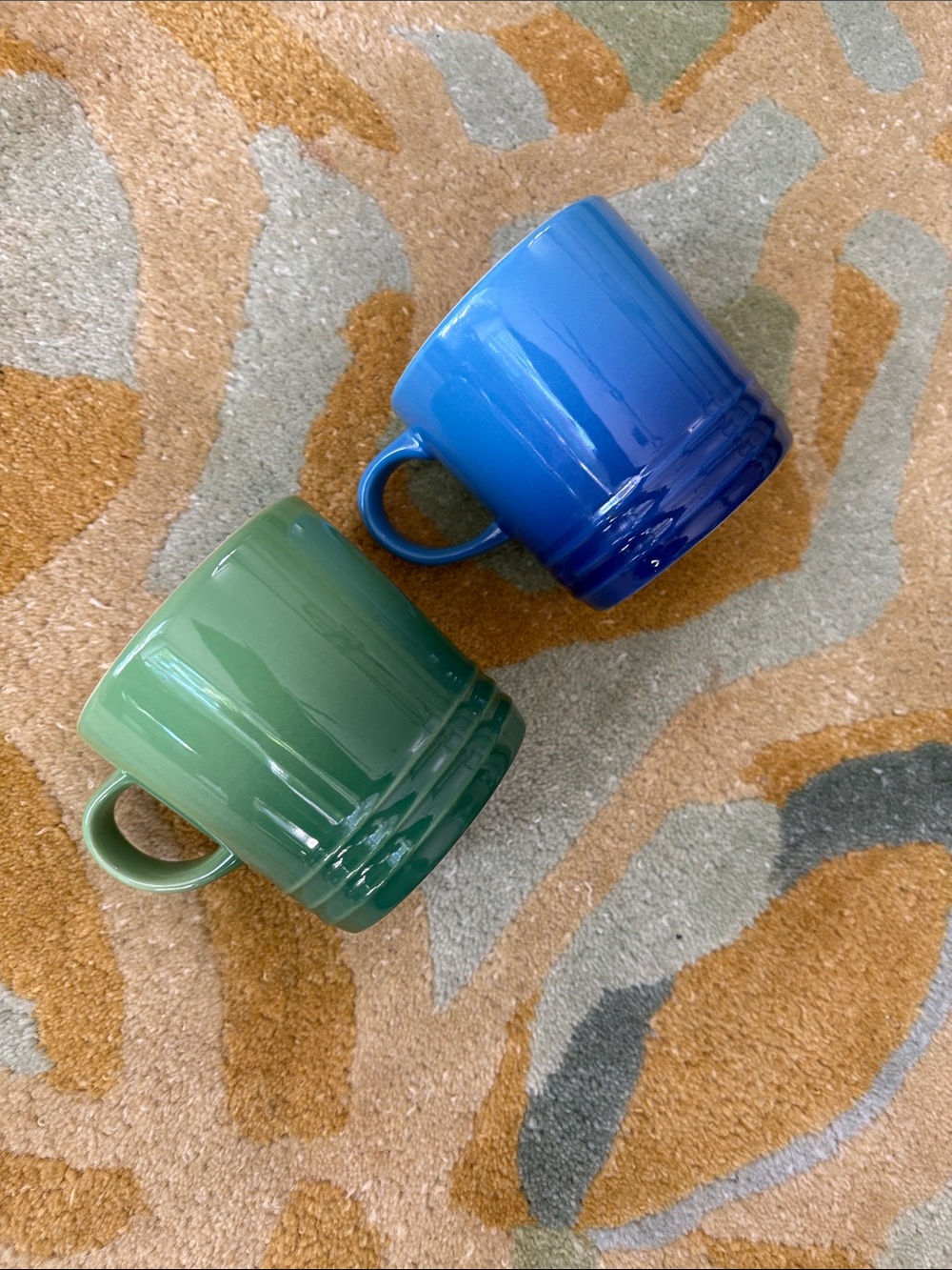 2 Le Creuset Coffee Mugs in Bamboo Green & Marseille 12 ounces